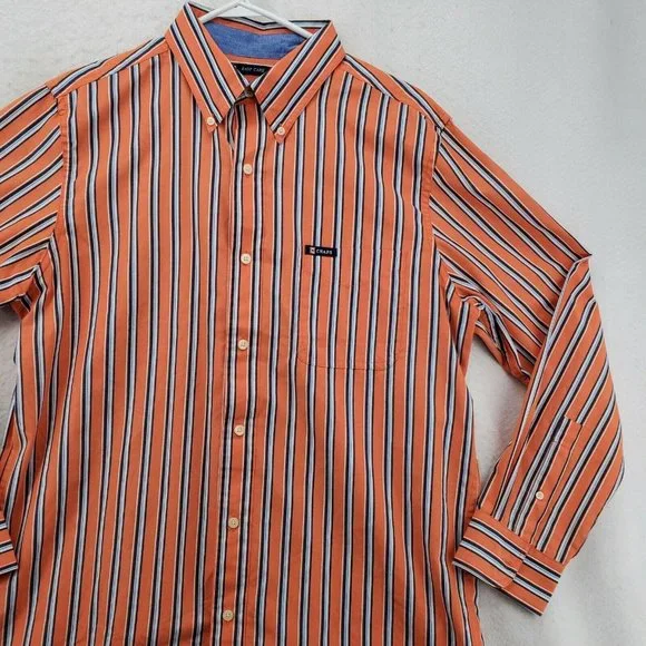 Chaps Shirt Men's Long Sleeve Casual Button Up Striped Oxford Orange Blue Med. - Picture 6 of 12